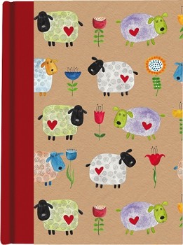 notitieboek gebonden, A5 blanco, Vrolijke schapen en bloemen